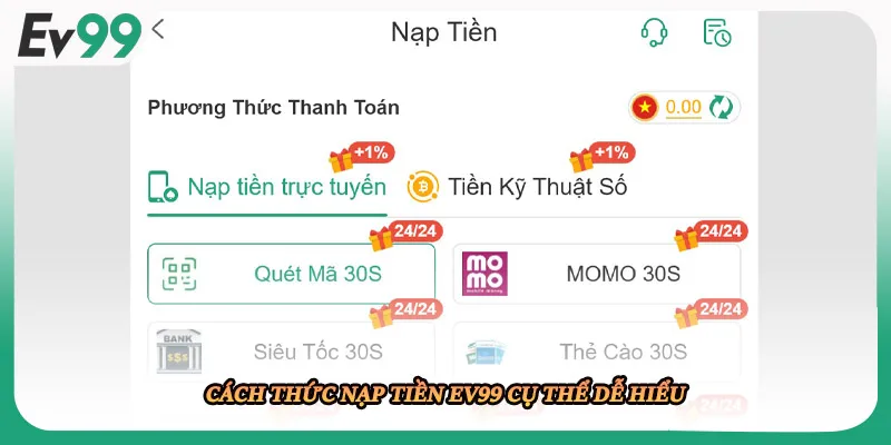 Cách thức nạp tiền EV99 cụ thể dễ hiểu
